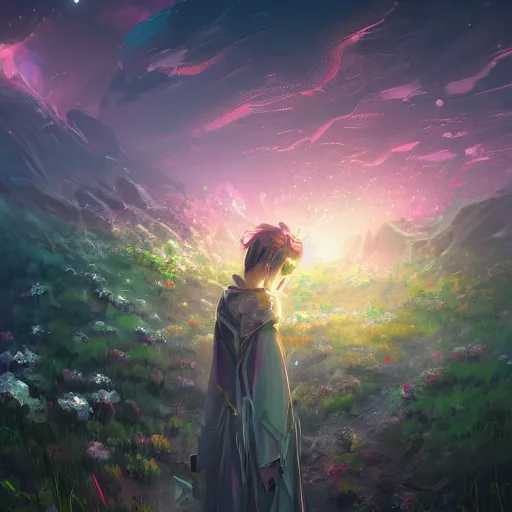 Prompt: cyber garden flower at the desert landscape at the night highly detailed, volumetric lighting, sharp focus, trending on art station, digital painting by wlop, rossdraws, artgerm