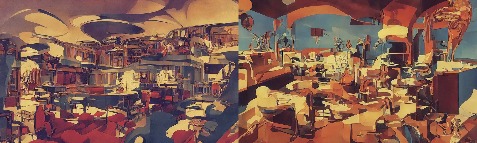 Prompt: glorious illustration by Jean Giraud, 1930s Art Deco vintage interior design magazine page by Syd Mead and Ralph Mcquarrie, interior concept art by Syd Mead, surrealist retro conversation pit interior concept art, by Edward Hopper, by Jean Giraud, art nouveau