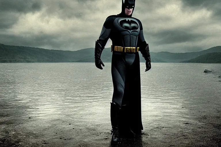 Image similar to a cinematic painting of ricky gervais as batman near a lake on a rainy day, beautiful lighting, high depth, ultra realistic, artistic, by annie leibovitz