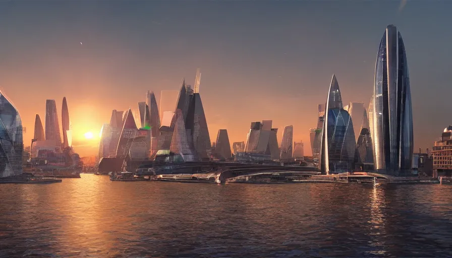 Prompt: london with futuristic glass skyscrapers at sunset, crowded streets, lot of boats, view from river thames, hyperdetailed, artstation, cgsociety, 8 k