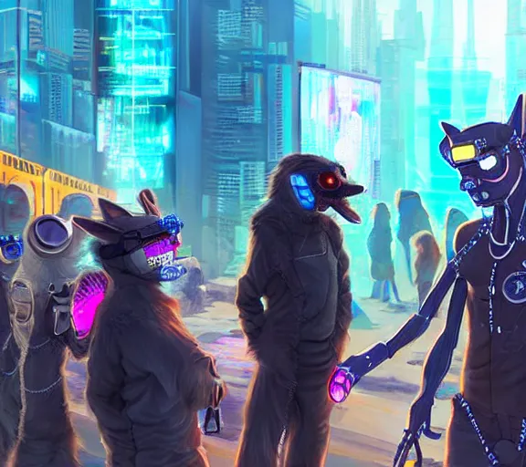 Image similar to high - resolution photograph from a cyberpunk era furry fandom convention ( midwest furfest 2 0 4 7 ), taking place after the genetic revolution and quantum singularity. photorealistic.