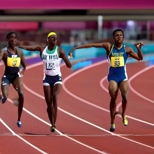 Image similar to sprinters vying for gold in track and field at the 2 0 2 4 paris olympics, photorealistic, very details, cinematic, symmetry