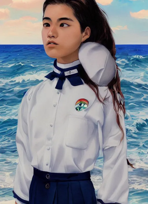 Prompt: Italian Mexican teen female wearing a navy and white Japanese school uniform, posing in Waikiki, sigma female, portrait art by James Jean, highly detailed, digital painting, concept art, illustration, dim lighting with twilight rays of sunlight, trending on artstation, very detailed, smooth, sharp focus, octane render, close up