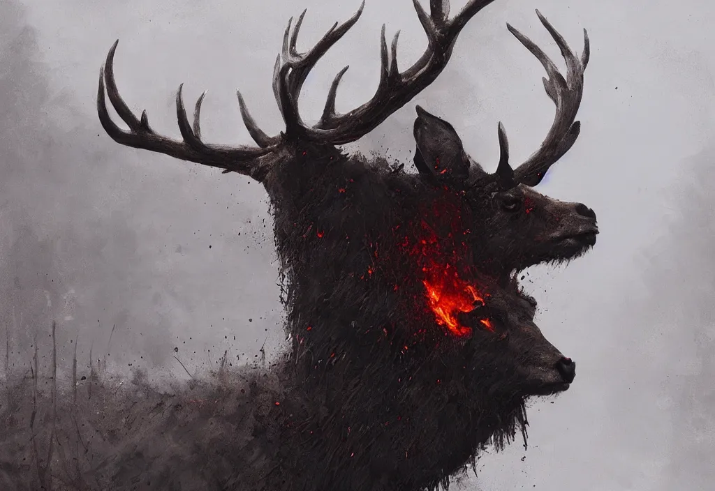 Image similar to a stag inside a burning heart, artstation, jakub rozalski, high detail, dramatic lighting