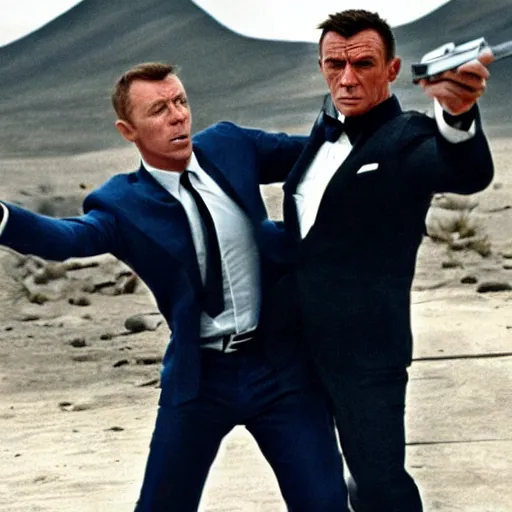 Image similar to Epic Action Scene of James Bond and Rick Astley fighting villains