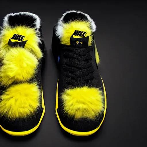 Image similar to nike model shoe made of very fluffy yellow and black faux fur placed on reflective surface, pikachu colors professional advertising, overhead lighting, heavy detail, realistic by nate vanhook, mark miner