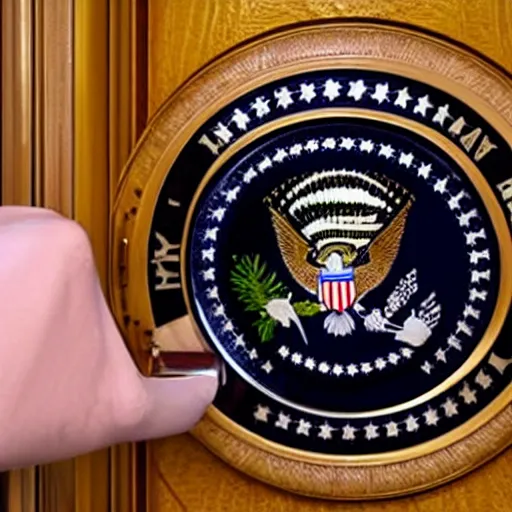 Prompt: president trump looking into a fisheye lens hotel door peephole, realistic