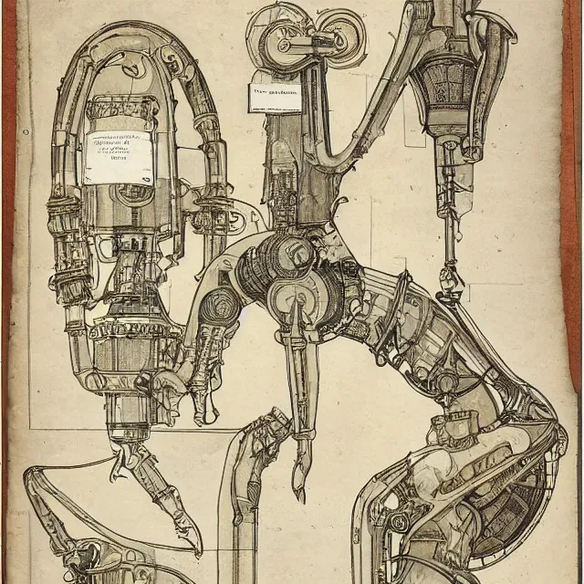 Image similar to detailed, intricate technical drawings on parchment from 1 8 4 0, with labels and notes, for a beautiful, symmetric, art nouveau robotic arm holding a paintbrush, by ron cobb and alphonse mucha