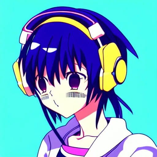 Image similar to An anime character's head wearing retro headphones. 90s anime, Sailor Moon, Neon Genesis, official art, flat cell shading, fantastic screenshot art, trending on artstation, muted nostalgic colors