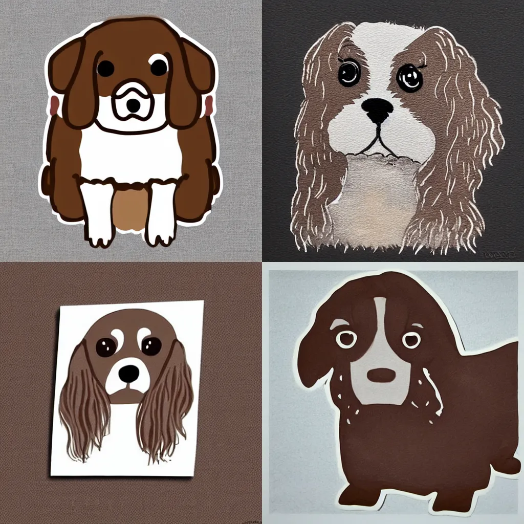 Prompt: a brown and white sprocker Spaniel!! Tounge!!!!!, Style of Pusheen!!. Comic, artwork, silly,expressive!!!!!, front facing, (webcomic),((woodblock)),(screen print), watercolours, single, 'white background'!!!