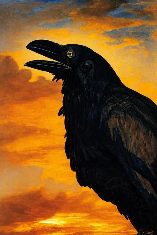 Prompt: a breathtakingly stunningly beautifully highly detailed extreme close up portrait of a raven, a rock arch overhead framing shot, epic coves crashing waves plants, beautiful clear harmonious composition, dynamically shot, wonderful strikingly vivid orange beautiful dynamic sunset with epic clouds, detailed organic textures, by frederic leighton and rosetti and turner and eugene von guerard, 4 k