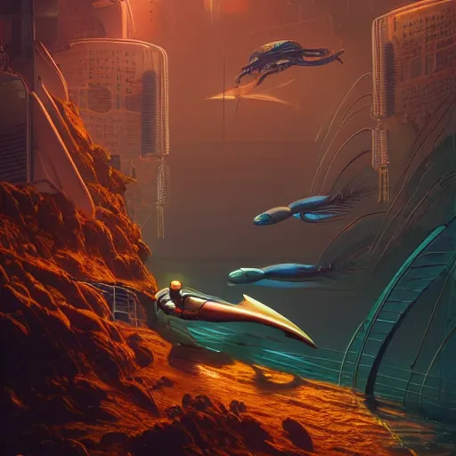 Prompt: aquatic alien in mechanical exoskeleton designed by jony ive in cybercity, golden hour, poster by michael whelan and gilbert williams and evgeny lushpin and artgerm and alena aenami, 3 0 mm, well proportioned, highly detailed, rule of thirds, long exposure