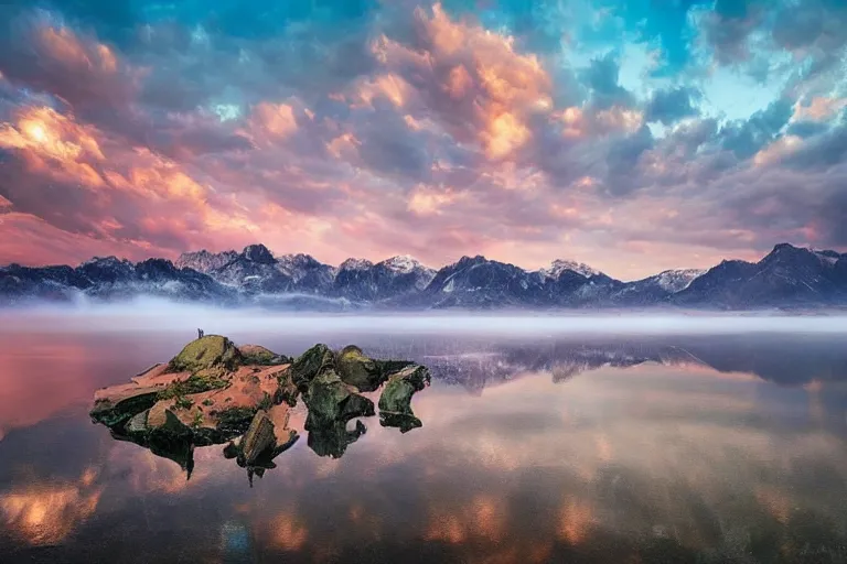 Prompt: amazing landscape photo of mountains with lake in sunset, falling bombs, by marc adamus beautiful dramatic lighting, Gediminas Pranckevicius