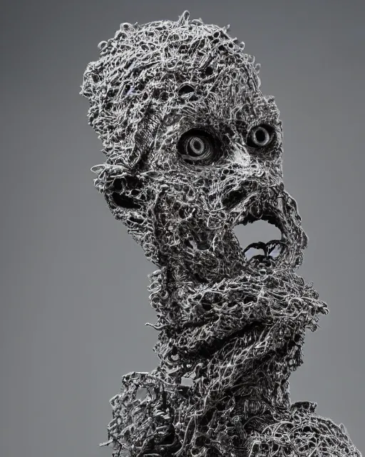 Image similar to studio shot of an intricate coal twisting statue, intricate mathematical shape, professional, textured silver, scratched metal, well lit professional photo, chromatic, HD photography, 4k