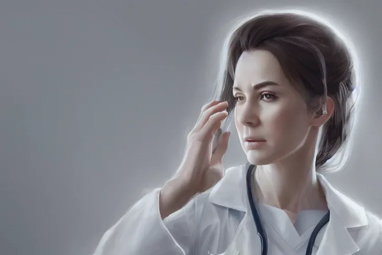 Image similar to a full portrait of an elegant and beautiful female doctor in a white coat in a hospital ward, cinematic, highly detailed, digital painting, artstation, concept art, matte, sharp focus, illustration, art by artgerm and greg rutkowski