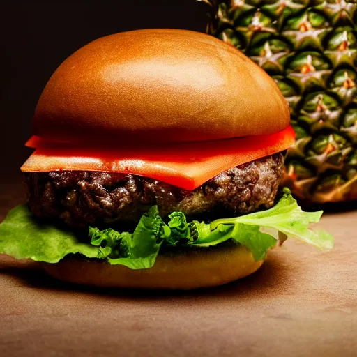 Image similar to a juicy hamburger with pineapple, 8 k resolution, food photography, studio lighting, sharp focus, hyper - detailed