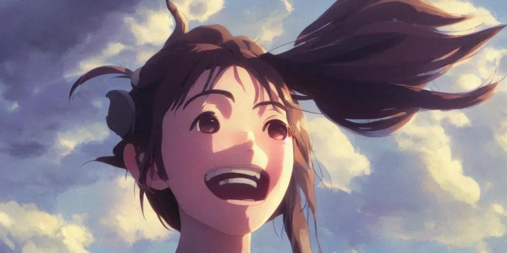 Image similar to a girl with a happy face wakes up in the morning, close up shot from the top, anime art, Greg Rutkowski, studio ghibli, dramatic lighting