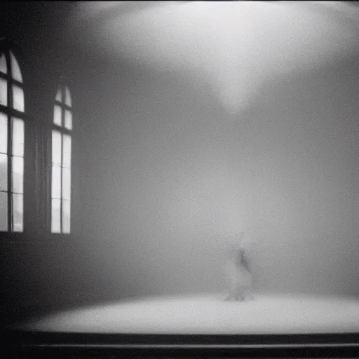 Image similar to impossible geometry floating in a grand hall, film still, foggy