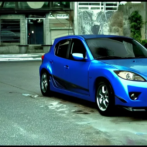 Prompt: blue grey Mazda Mazdaspeed3 2008 generation 1 in Fast and Furious Tokyo Drift screen cap still