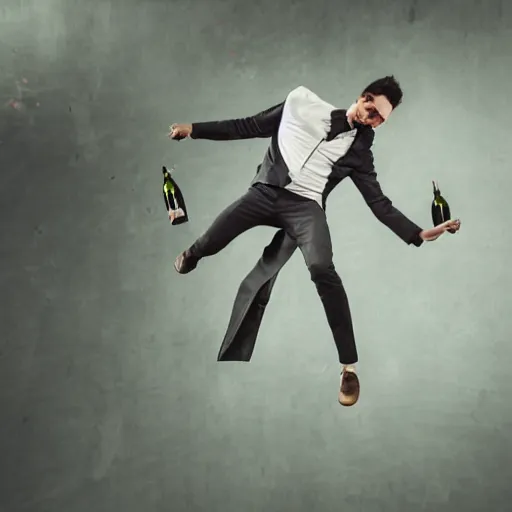 Image similar to an elgant detailed portrait of a man boisterously dancing around the room by himself holding an empty wine bottle as he jumps in the air in a (warehouse), striking artistic concept, perfect composition, detailed facial expression, fine detail, dramatic lighting, award-winning photo UHD, 4K