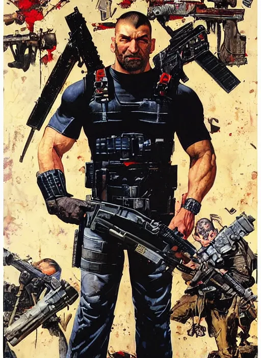 Prompt: full body and head portrait of dave bautista as the punisher, painted by norman rockwell and phil hale and greg staples and tom lovell and frank schoonover and jack kirby