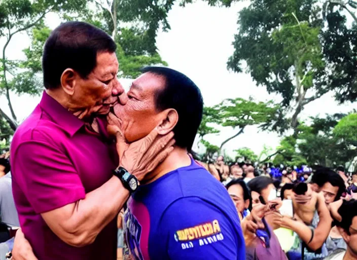 Image similar to rodrigo duterte and thanos kissing each other in luneta park, real life photograph, award winning photograph, 4 k