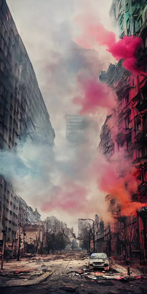 Image similar to post - apocalyptic kreuzberg streets covered in colorful smoke, burned cars, explosions, hyperrealistic, gritty, damaged, dark, urban photography, photorealistic, high details