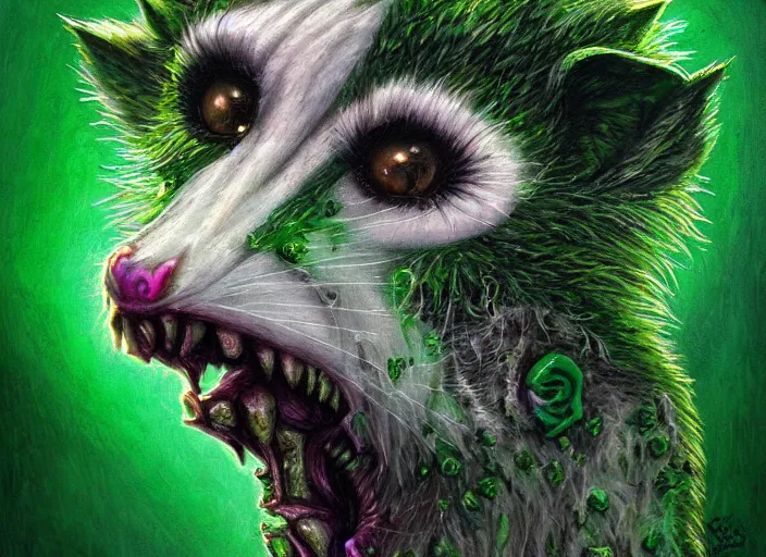 Image similar to face portrait of a anthro green zombie opossum fursona with long dark hair. Ruined stormy city. Glorious sun beams, intricate, elegant, highly detailed, digital painting, short focus, illustration, Allan Lee, John Howe