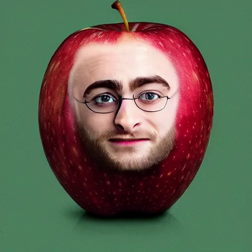 Image similar to a apple with legs with the face of daniel radcliffe, photo art