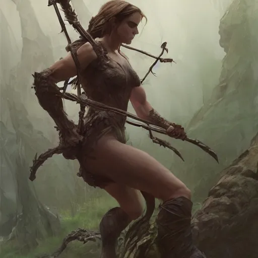 Image similar to portait of a very muscled emma watson swinging her long sword forest monster, front game card, drark, marvel comics, dark, intricate, highly detailed, smooth, artstation, digital illustration by ruan jia and mandy jurgens and artgerm and wayne barlowe and greg rutkowski and zdislav beksinski