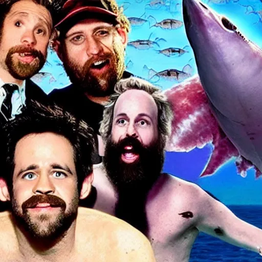 Prompt: everyone from Its Always Sunny in Philadelphia floating underwater and being eaten by ghost sharks. Photograph.