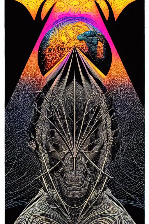 Image similar to portrait of black and psychedelic grainshading print by dan mumford, moebius, goblinko, richard corben, wayne barlowe, heavy metal comic cover art, psychedelic triangular skeleton, very intricate, thick outline, full body, symmetrical face, long black crown, in a shapes background, galactic dark colors