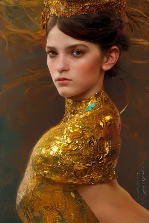 Image similar to an intricate artistic pose painting of a beautiful young girl with an artistic pose with klimt golden motives and textures, hyper detailed, ornamental gold headpiece, octane render, vivid colors, artstation, by jeremy mann, by alphonse mucha, by boris vallejo