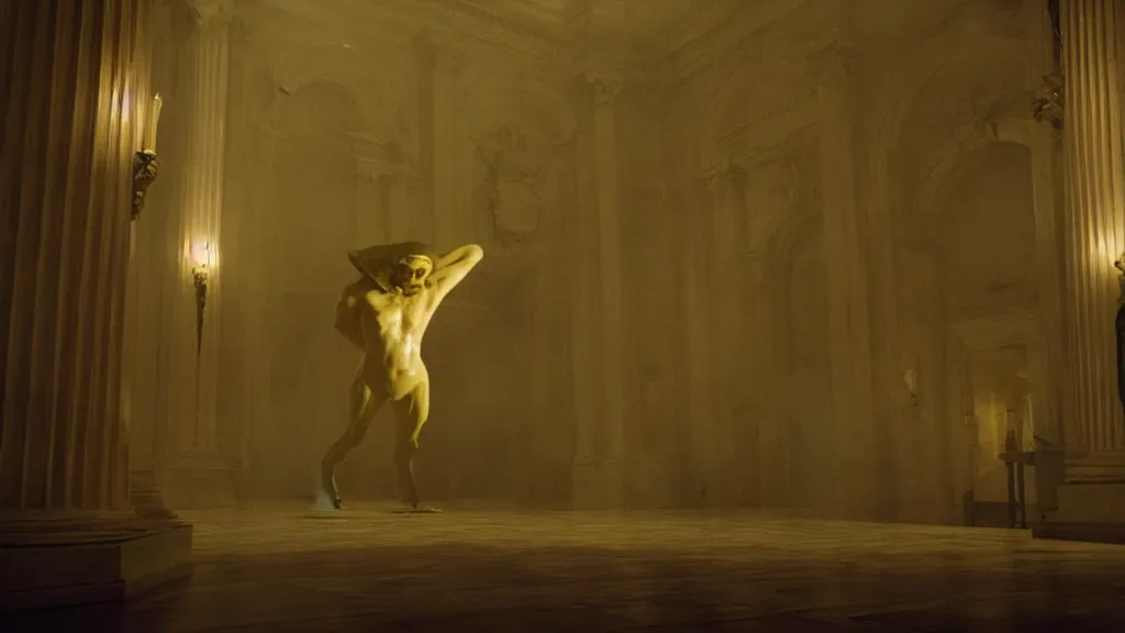 Image similar to the strange creature in city hall, made of wax and water, film still from the movie directed by Denis Villeneuve with art direction by Salvador Dalí, ultra low angle