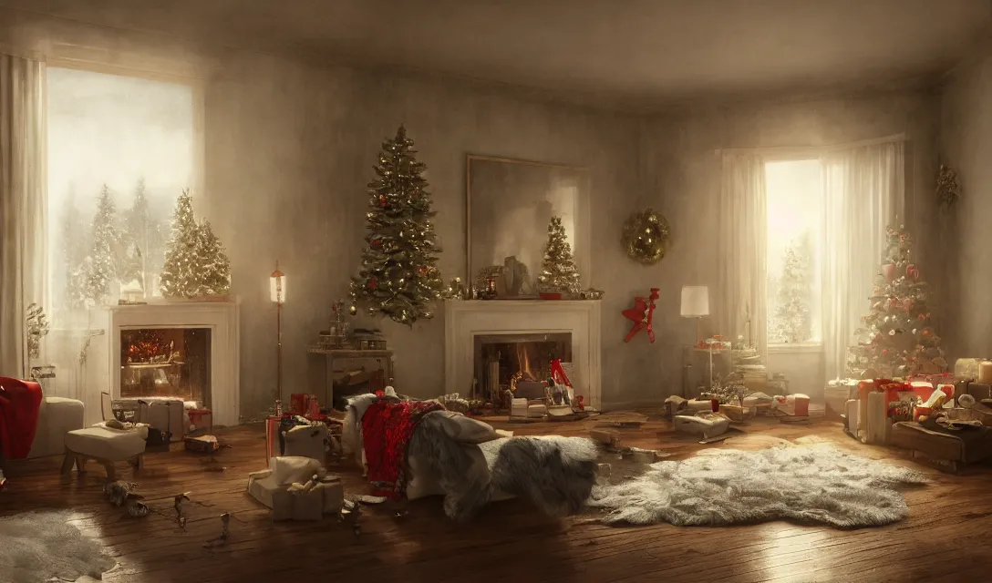 Image similar to a christmas eve in a beautiful home, photorealistic landscape painting on the wall, ascher clemens, home, interior, octane render, deviantart, greg rutkowski, cinematic, key art, hyperrealism, canon eos c 3 0 0, ƒ 1. 8, 3 5 mm, 8 k, medium - format print