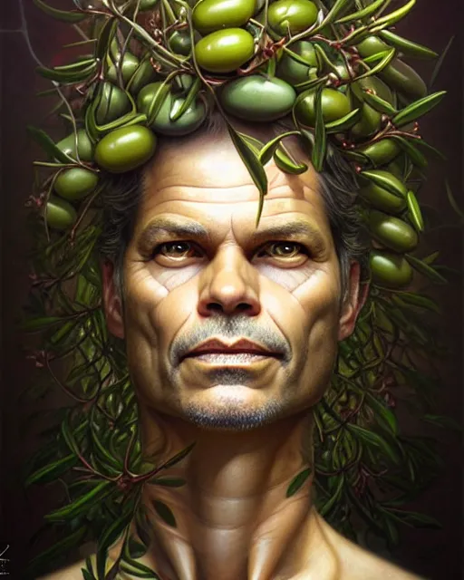 Image similar to detailed portrait of timothy olyphant olive!! olives!! tree! by tomasz alen kopera and peter mohrbacher and johanna martine! and margaret keane! coherent luminescent