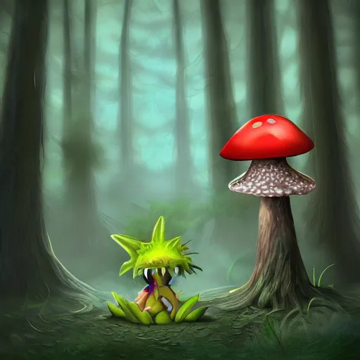 Prompt: digital art of a fantasy mushroom monster with sharp teeth lurking in the woods, dynamic lighting, photorealistic, art station