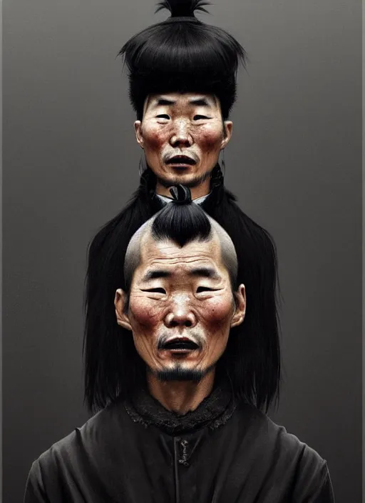 Image similar to portrait of a mongolian man with a crooked nose and a confident expression, 1 9 6 0 s, black clothes, goth, punk, brightly coloured hair, funk, intricate, elegant, highly detailed, digital painting, artstation, concept art, smooth, sharp focus, illustration, art by wlop, mars ravelo and greg rutkowski