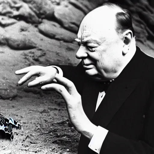 Prompt: An astonished Winston Churchill discovers the first turtle ever in Galapagos, XF IQ4, f/1.4, ISO 200, 1/160s, 8K, RAW, unedited