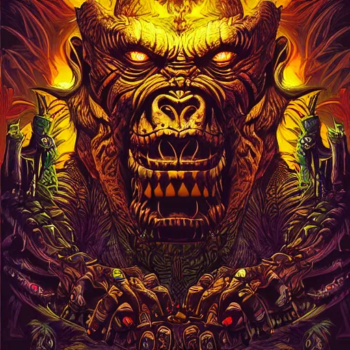 Image similar to barong family member, wiwek, mara demon, one single tribe member, jungle, one single mask, dark, ancient warrior, gorilla, lizard, tribal, inner glow, art by dan mumford and justin gerard