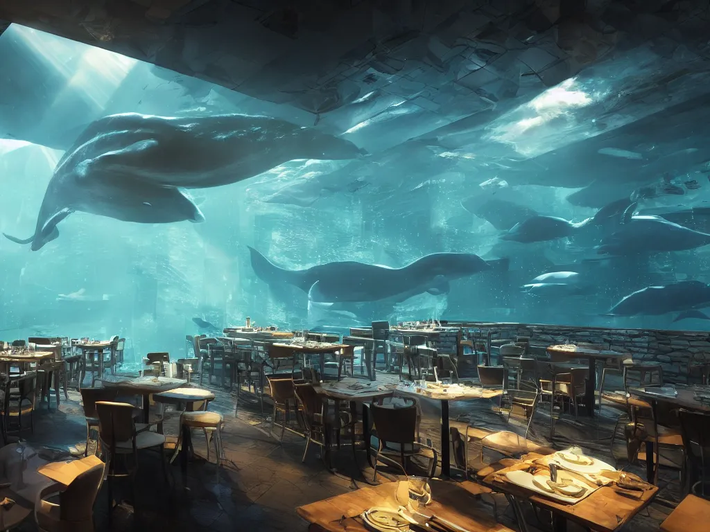 Image similar to Cyberpunk restaurant under water with whales, black ceiling and people inside the restaurant. Rays of light shines through the water. Cinematic, ArtStation, realistic photograph, ambient, rays, lens flares. Unreal Engine, Blender, Maya, rendered by Octane, Arnold.