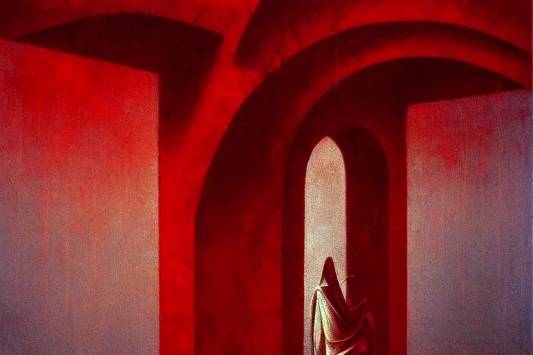 Image similar to only with red, a red angel announce the win, at the gates of a rich renaissance city, pathos, in the style of beksinski, part by hopper, part by rodcenko, part by hofbauer, intricate composition, red by caravaggio, insanely quality, highly detailed, masterpiece, red light, artstation