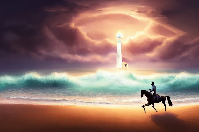 Image similar to photo of man riding a horse along the beach, glowing underwater waves toward a lighthouse in the distance guiding his way, silhouette, wide horizon, large white clouds, night, intricate, elegant, highly detailed, digital painting, artstation, concept art, smooth, sharp focus, illustration, art by artgerm and greg rutkowski and fra angelico