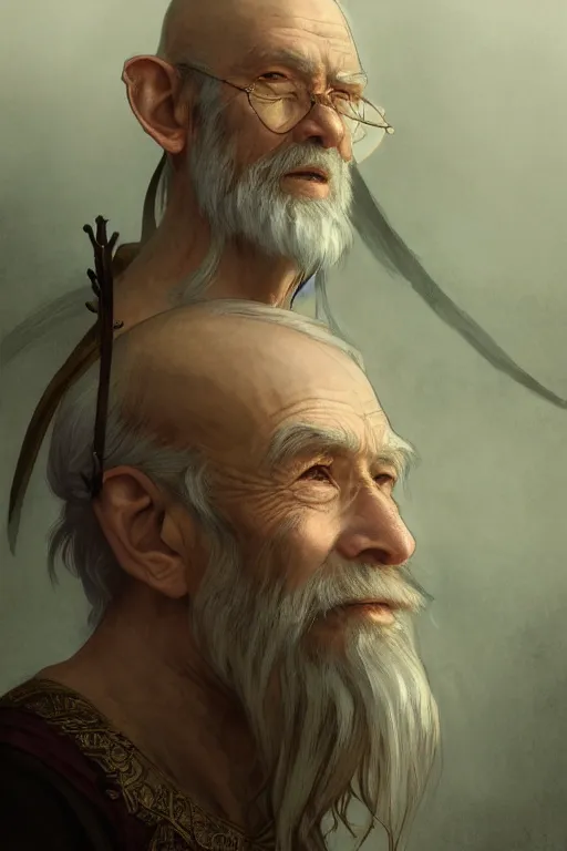 Image similar to a highly detailed portrait painting of an elderly healer elf male, long white beard, long elf ears, asian decent, by greg rutkowski and alphonse mucha, sharp focus, matte, concept art, artstation, digital painting