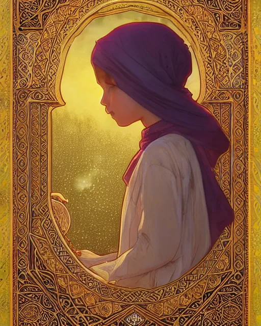 Image similar to a faceless bedouin child infront of a big open quran highly detailed, gold filigree, romantic storybook fantasy, soft cinematic lighting, award, disney concept art watercolor illustration by mandy jurgens and alphonse mucha and alena aenami, pastel color palette, featured on artstation