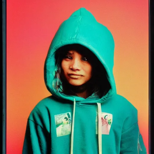 Image similar to close-up shot of a quetzal wearing hoodie in 80s, funny, Polaroid photo, by Warhol