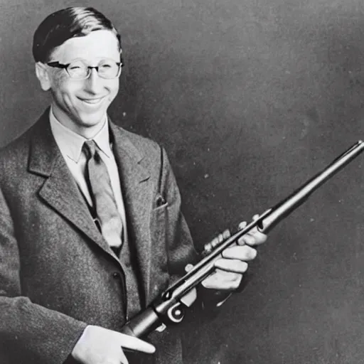 Image similar to old wartime photograph of bill gates holding a lewis gun, 1 9 1 7