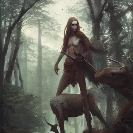 Image similar to 'portrait of a wood-elf surrounded by animals in the woods, art by Greg Rutkowski, 4k'