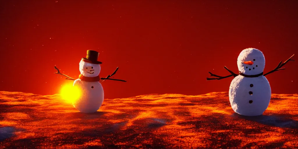 Image similar to a snowman standing on top of the sun. the ground is made entirely of fire and is glowing orange. cinematic, dramatic, epic, volumetric lighting, atmospheric, red, orange extremely coherent, 8 k, space