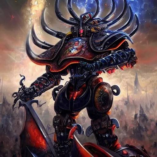 Image similar to a hyperrealistic magnificent robot holding a powerful sword, archaon the everchosen, terminator, Terminator: Dark Fate, most beautiful image ever created, emotionally evocative, greatest art ever made, lifetime achievement magnum opus masterpiece, the most amazing breathtaking image with the deepest message ever painted, a thing of beauty beyond imagination or words